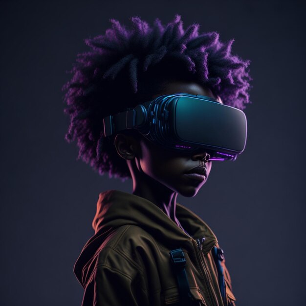 Una niña con un casco de realidad virtual morado