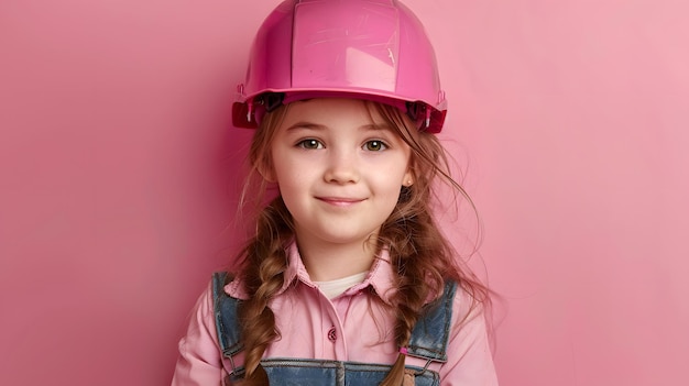 Niña con un casco de trabajo aislado en un fondo sólido