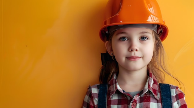 Niña con un casco de trabajo aislado en un fondo sólido