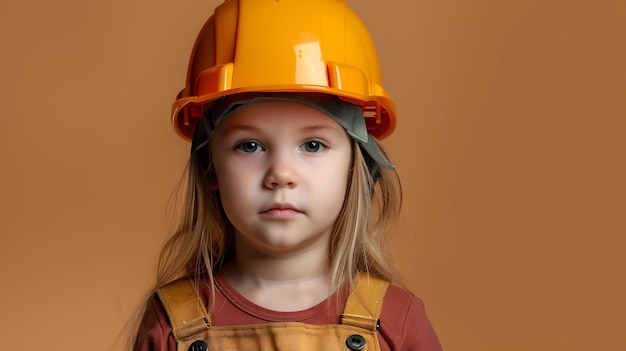 Niña con un casco de trabajo aislado en un fondo sólido