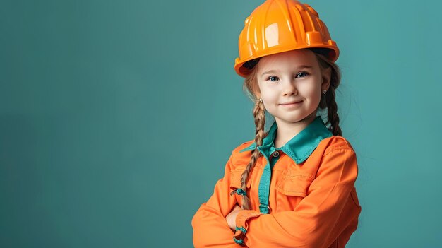 Niña con un casco de trabajo aislado en un fondo sólido