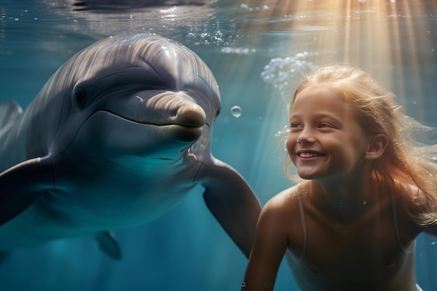 Niña caucásica de cabello marrón hermosa y sonriente con delfines bajo el agua