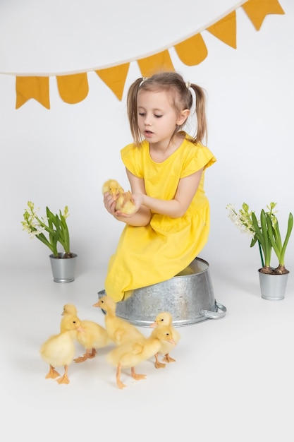 Foto niña caucásica en edad preescolar sosteniendo un lindo patito en las manos