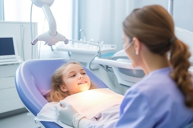 Foto niña caucásica que visita al dentista para el chequeo anual
