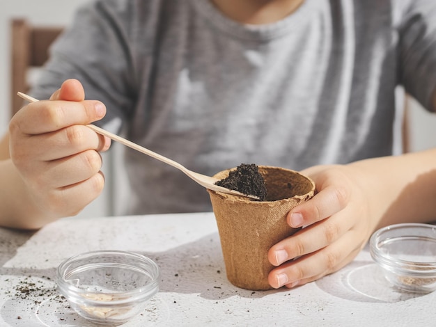 Una niña caucásica se sienta en una mesa al aire libre en el patio trasero y planta semillas en una taza de cartón