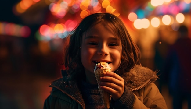 Niña caucásica sonriente disfruta de regalo de chocolate de invierno generado por IA