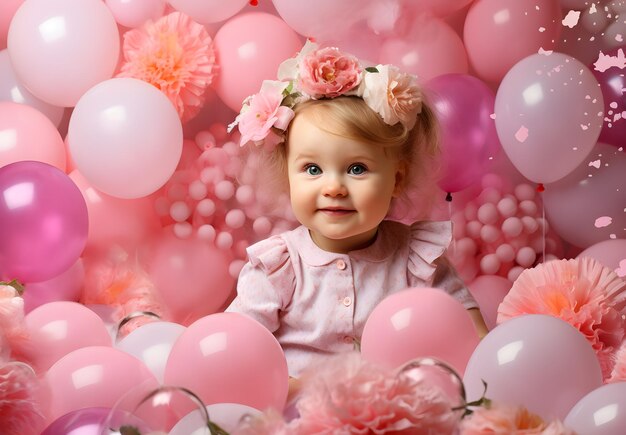 Niña celebrando su primer cumpleaños Tema rosa