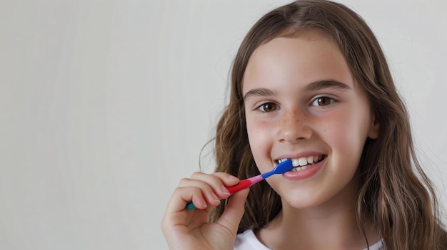 una niña cepillándose los dientes con un cepillo de dientes azul y rojo