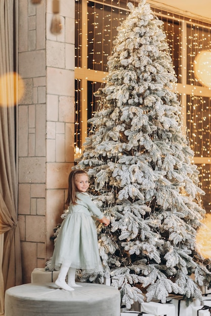 niña, cerca, árbol de navidad