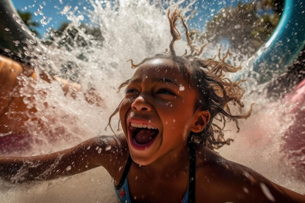 Una niña chapotea en un tobogán de agua.