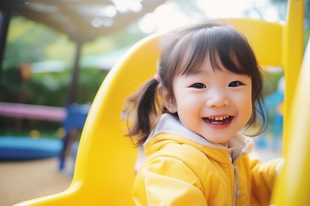 una niña con una chaqueta amarilla está sonriendo y sonriendo