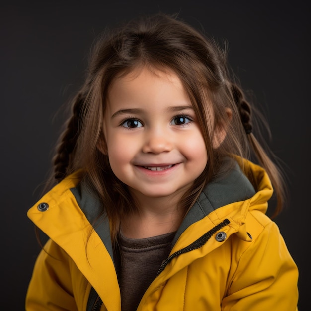 una niña con una chaqueta amarilla sonriendo a la cámara