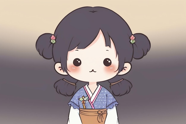 Niña chibi de dibujos animados con un antiguo Hanfu chino con pequeñas decoraciones florales en el pelo