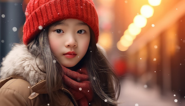 Niña china de pie en las calles del año de invierno el concepto del año nuevo
