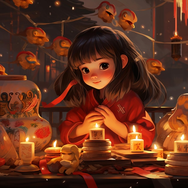 Niña china sentada en una mesa con velas al estilo del arte anime naranja oscuro y enchan rojo