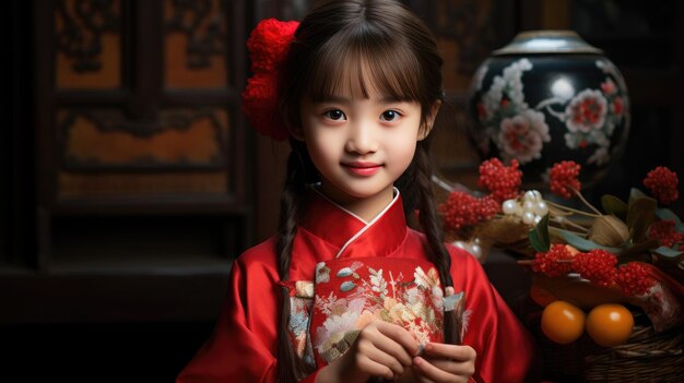 Foto niña china sonriente con ropa tradicional roja para el año nuevo chino festival de la primavera lunar