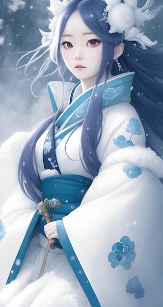 Una niña china con un vestido blanco y cabello azul con una faja blanca.