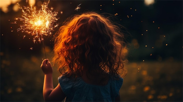 Foto niña con una chispa en el fondo del cielo nocturno