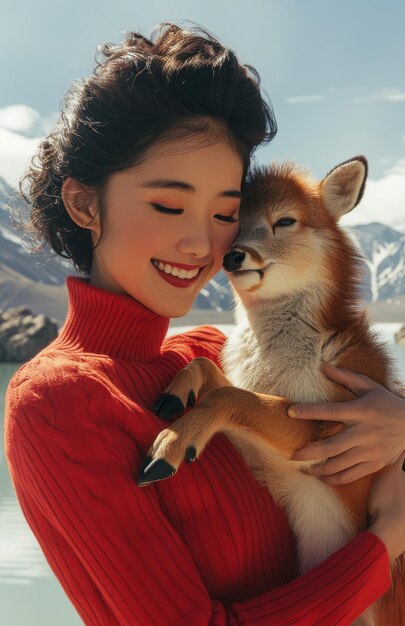 Foto niña con un ciervo unidad con la naturaleza protección del medio ambiente y los animales