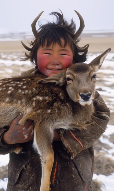 Foto niña con un ciervo unidad con la naturaleza protección del medio ambiente y los animales