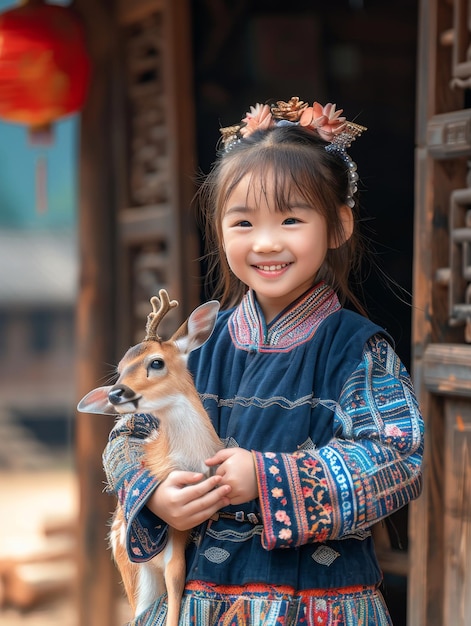 Foto niña con un ciervo unidad con la naturaleza protección del medio ambiente y los animales