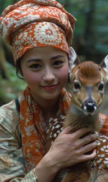 Foto niña con un ciervo unidad con la naturaleza protección del medio ambiente y los animales