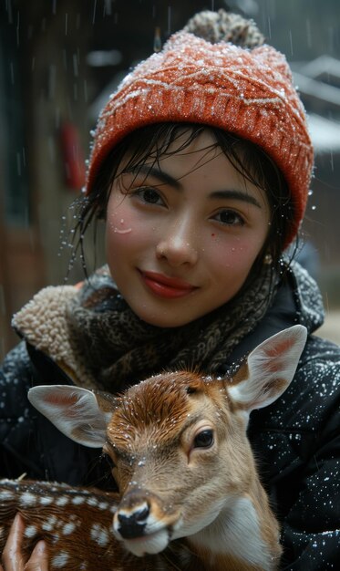 Niña con un ciervo unidad con la naturaleza protección del medio ambiente y los animales