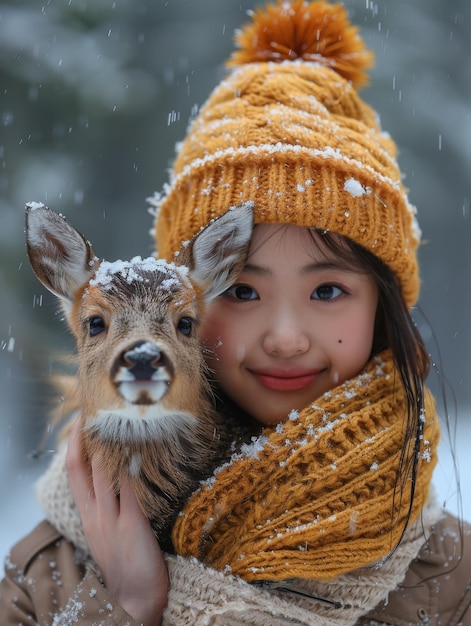 Niña con un ciervo unidad con la naturaleza protección del medio ambiente y los animales