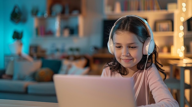 Una niña de cinco años con cabello largo y auriculares blancos trabaja en una computadora portátil en el interior de su casa