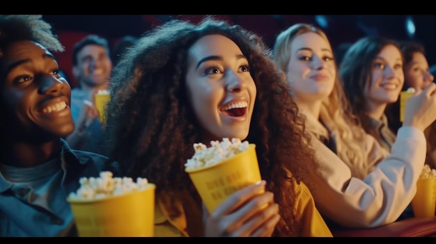 Una niña en un cine sostiene palomitas de maíz frente a una multitud.