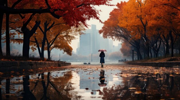 Niña en la ciudad y otoño dorado