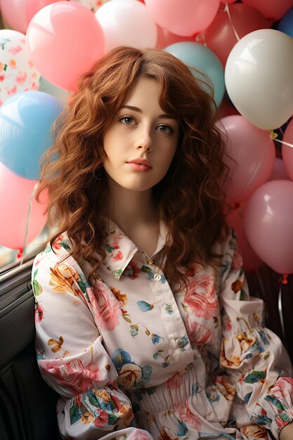 Niña en coche retro rosa con globo rosa celebrando el día de San Valentín