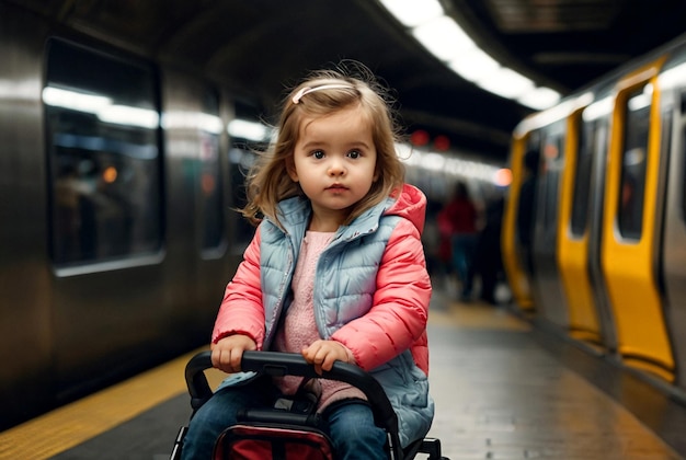 Foto niña en cochecito en la estación de metro en el transporte público metropolitano esperando