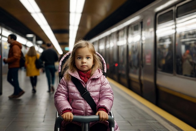 Foto niña en cochecito en la estación de metro en el transporte público metropolitano esperando