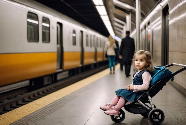 Foto niña en cochecito en la estación de metro en el transporte público metropolitano esperando