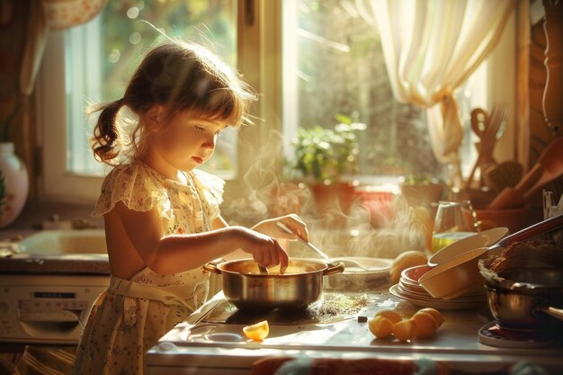 Niña cocinando en la cocina