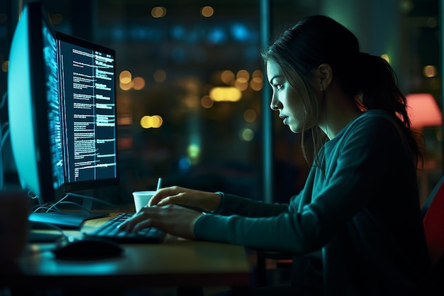 Niña codificando en teclado IA generativa