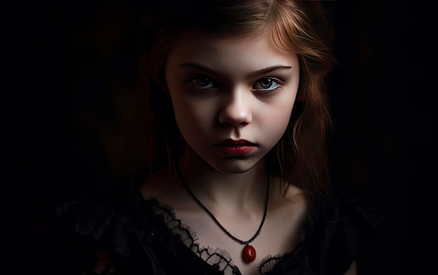 una niña con un collar que dice "el nombre del artista"