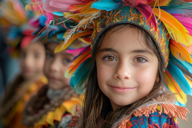 Niña con colorido tocado de cabeza con plumas