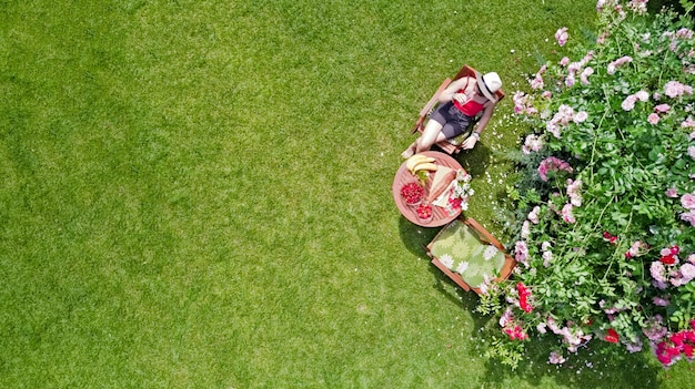 Niña comiendo al aire libre en el jardín de verano, la mujer tiene un picnic y se relaja en la vista aérea del parque