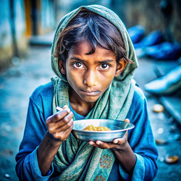 Niña comiendo una comida en el orfanato niño pobre o mendigo suplicándote ayuda