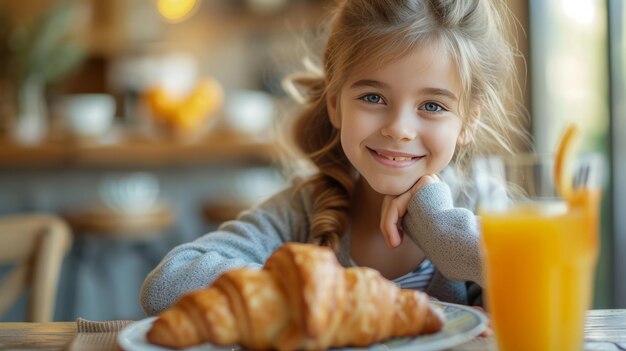 Foto niña comiendo croissant para el desayuno con jugo de naranja