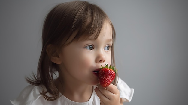 Una niña comiendo una fresa con una camisa blanca.