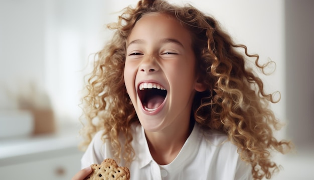 Foto niña comiendo una galleta en la cocina con espacio de copia en el fondo borroso expresión feliz