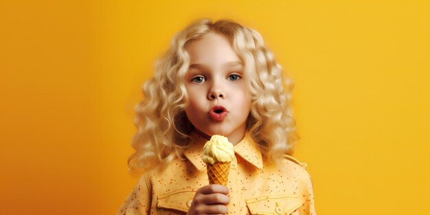 Niña comiendo helado sobre un fondo amarillo