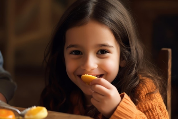 una niña comiendo una naranja