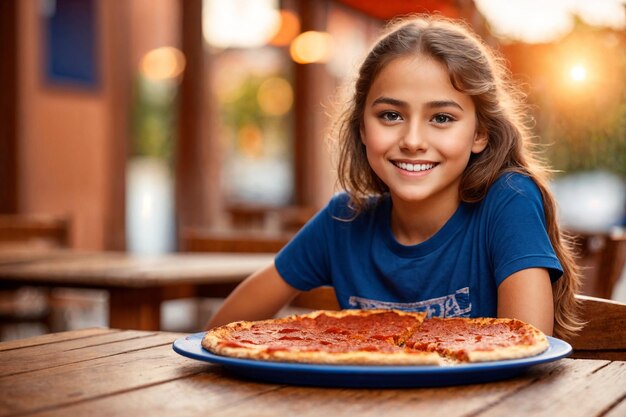 Niña comiendo pizza en una cafetería comida no saludable camiseta azul