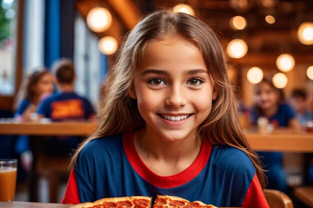 Niña comiendo pizza en una cafetería comida no saludable camiseta azul