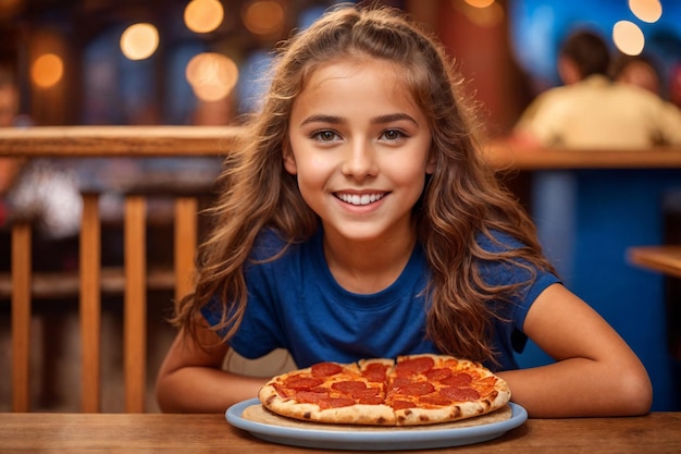 Niña comiendo pizza en una cafetería comida no saludable camiseta azul