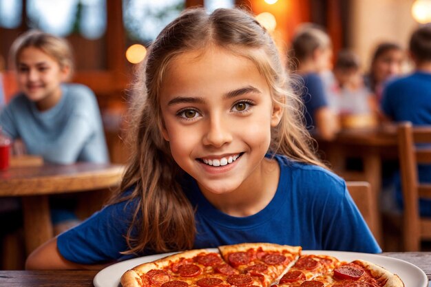 Niña comiendo pizza en una cafetería comida no saludable camiseta azul